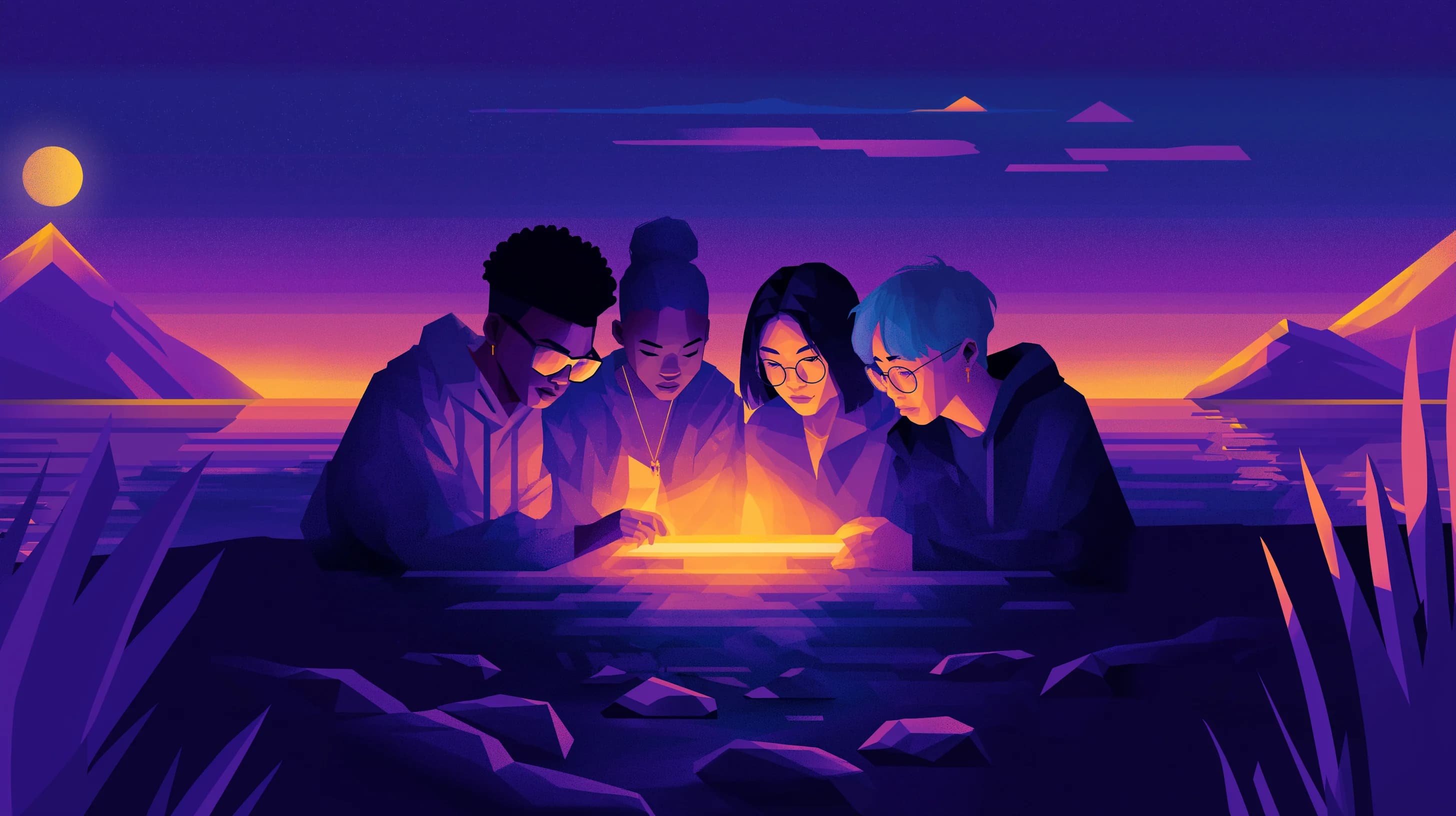 Builders gathered under a glowing sky
